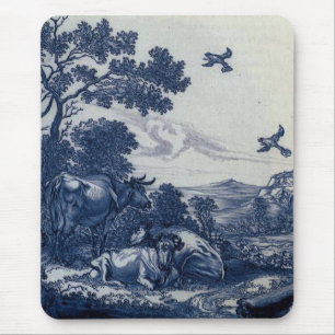 Tapis De Souris Tuile bleue antique de Delft - bétail et oiseaux