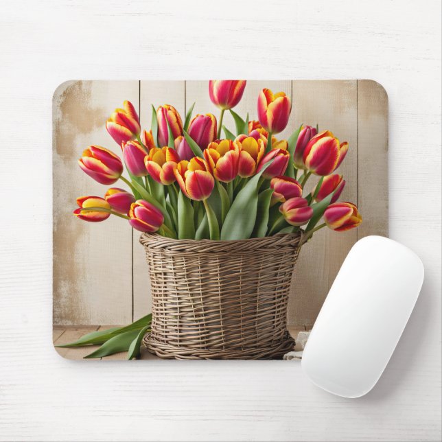 Tapis De Souris Tulipes de printemps dans le panier d'osier (Avec souris)