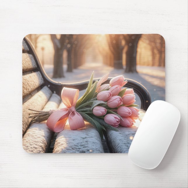 Tapis De Souris Tulipes De Printemps Rose Sur Banc De Neige (Avec souris)