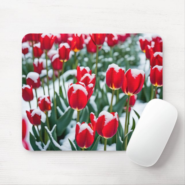 Tapis De Souris Tulipes De Printemps Rouge En Neige (Avec souris)