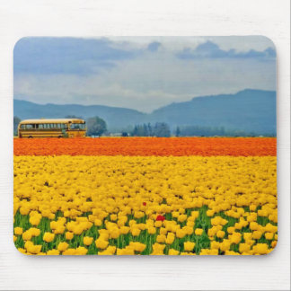Tapis De Souris Tulipes et autobus scolaire jaunes