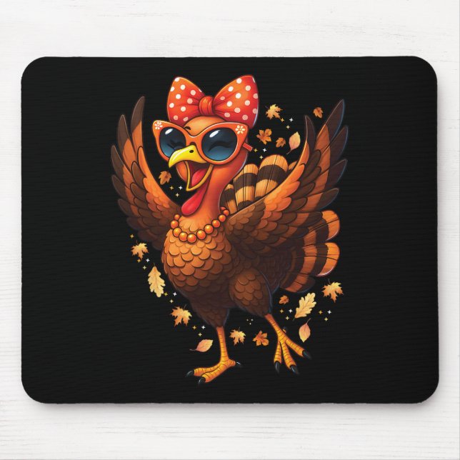 Tapis De Souris Turkey Dancing Turkey Day Womens Fall Cute Bow Tha (Devant)