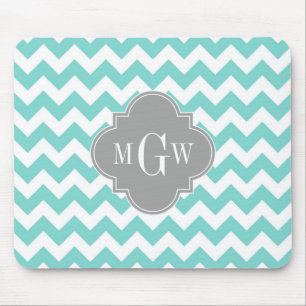 Tapis De Souris Turq / Aqua Blanc Chevron Gris 3 Monogramme Initia