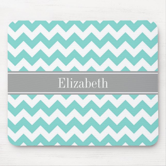 Tapis De Souris Turq / Aqua Blanc Chevron Gris Monogramme Nom (Devant)