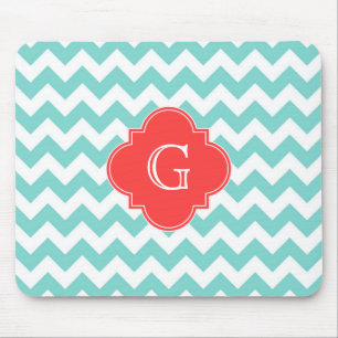Tapis De Souris Turq / Aqua Wht Chevron Coral Quatrefoil Monogramm