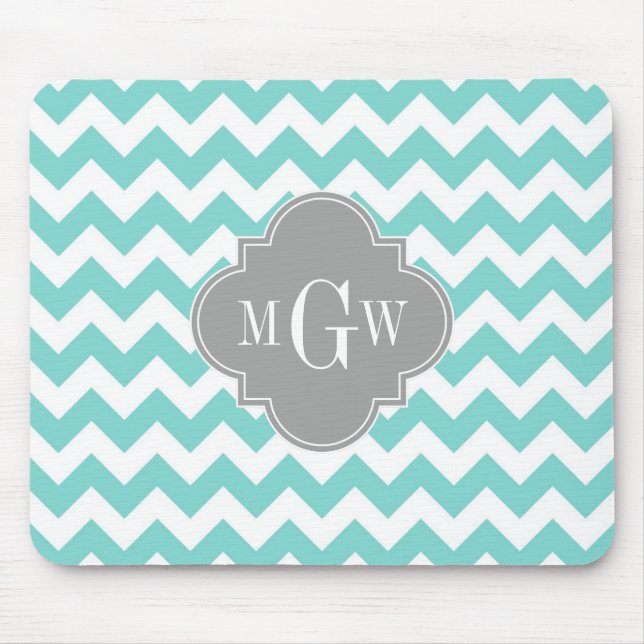 Tapis De Souris Turq / Aqua Wht Chevron Gris 3 Monogramme initial (Devant)