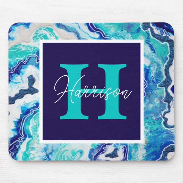 Tapis De Souris Turquoise and Blue Marble Monogram Name   (Devant)