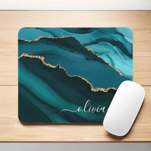 Tapis De Souris Turquoise Aqua Blue Green Agate Geode Gold Monogra