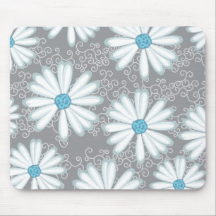 Tapis De Souris Turquoise Argent Blanc Far Daisy Motif Floral