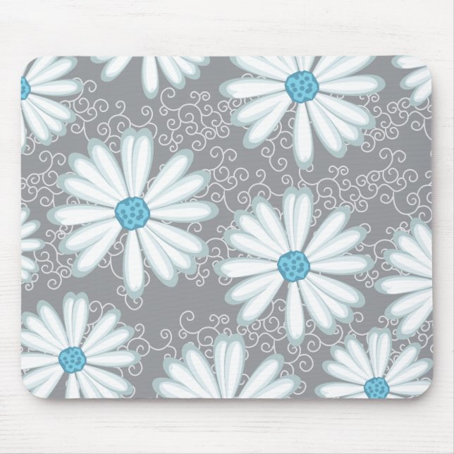 Tapis De Souris Turquoise Argent Blanc Far Daisy Motif Floral (Devant)