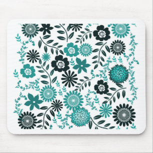 Tapis De Souris Turquoise bleu et vert olive foncé motif floral