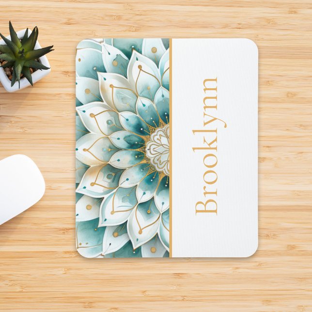 Tapis De Souris Turquoise bleu or Floral Mandala Personnalisé (Créateur téléchargé)