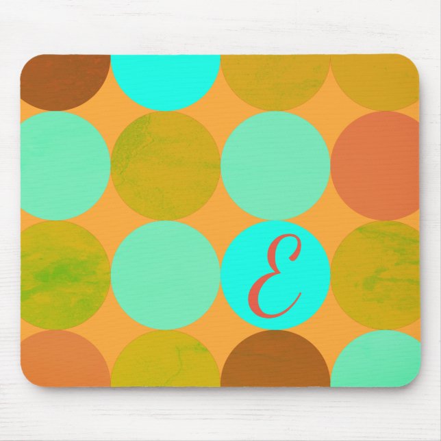 Tapis De Souris Turquoise Bleu Vert & Cercles Orange Monogramme (Devant)