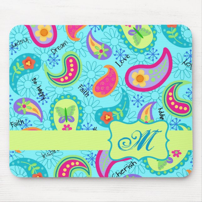 Tapis De Souris Turquoise Bleu Vert Moderne Paisley Monogramme (Devant)