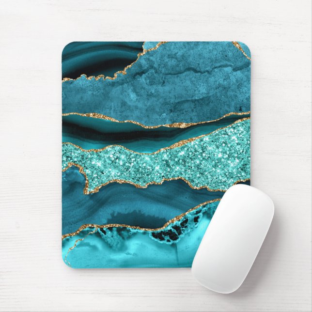 Tapis De Souris Turquoise Blue Gold Parties scintillant marbre Tur (Avec souris)