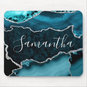Tapis De Souris Turquoise et Faux Argent Parties scintillant Marbr