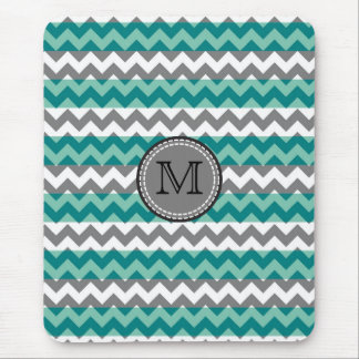 Tapis De Souris Turquoise et monogramme en zigzag chevron gris