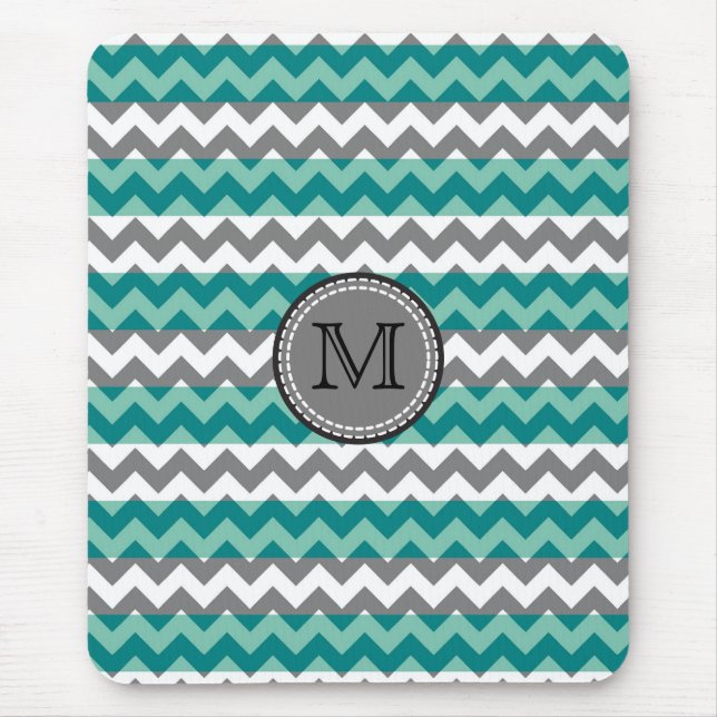 Tapis De Souris Turquoise et monogramme en zigzag chevron gris (Devant)