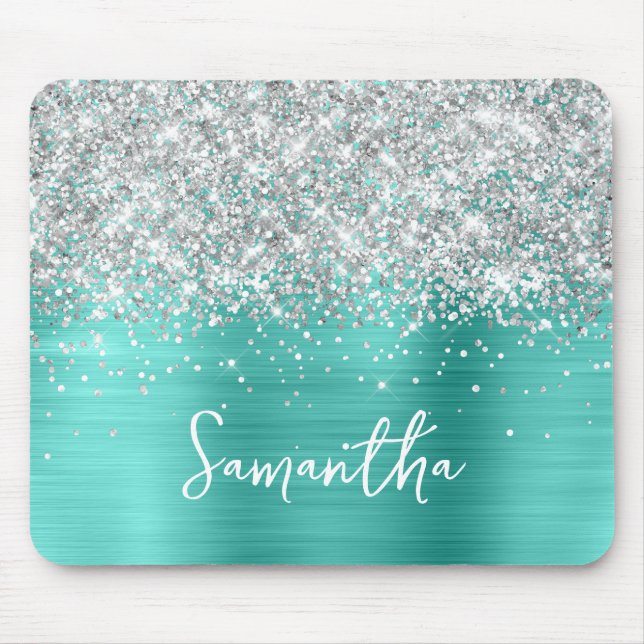 Tapis De Souris Turquoise Glam Nom Pailleté Argent (Devant)
