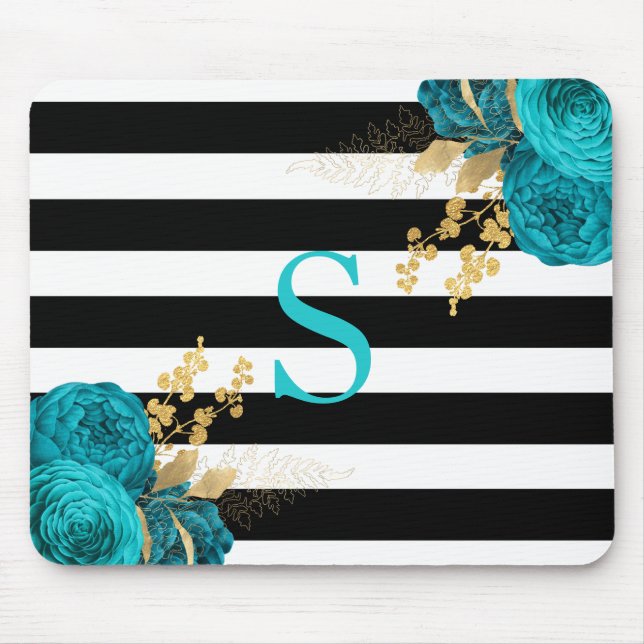 Tapis De Souris Turquoise Or Floral Monogramme Noir Blancs (Devant)