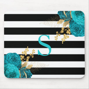 Tapis De Souris Turquoise Or Floral Monogramme Rayures Noir et Bla