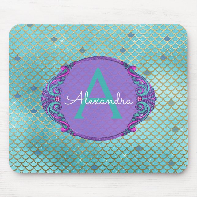 Tapis De Souris Turquoise vert et mauve Étalons de sirène Monogram (Devant)