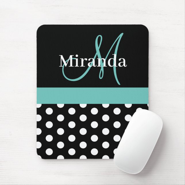 Tapis De Souris Turquoise vert noir blanc Polka Dot Monogramme (Avec souris)