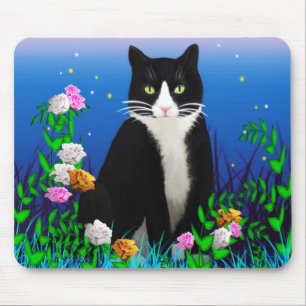 Tapis De Souris Tuxedo Cat avec Mousepad aux fleurs