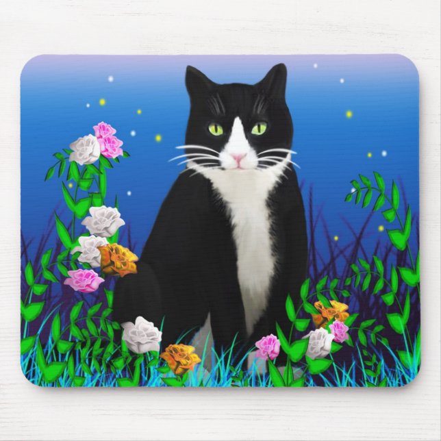 Tapis De Souris Tuxedo Cat avec Mousepad aux fleurs (Devant)