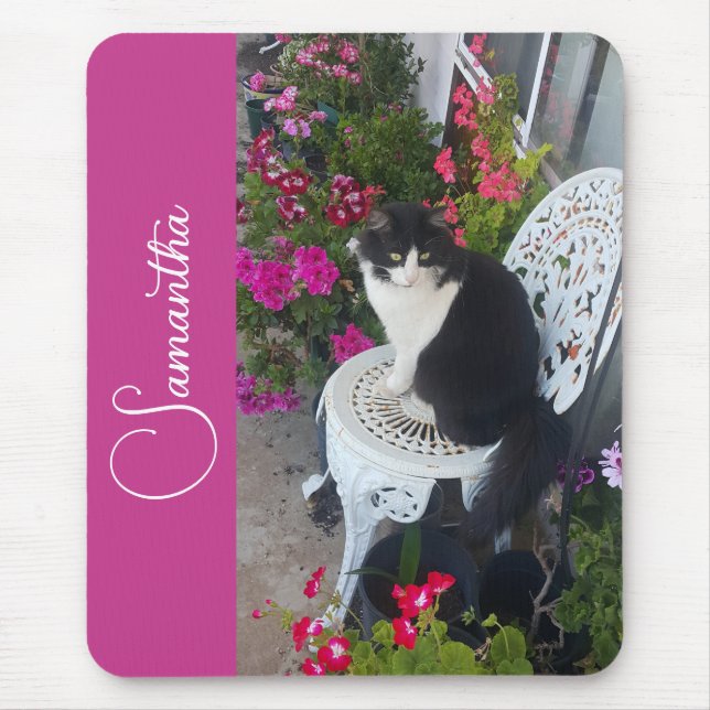 Tapis De Souris Tuxedo Cat Cats and Flowers Girls Name Dark Pink (Devant)