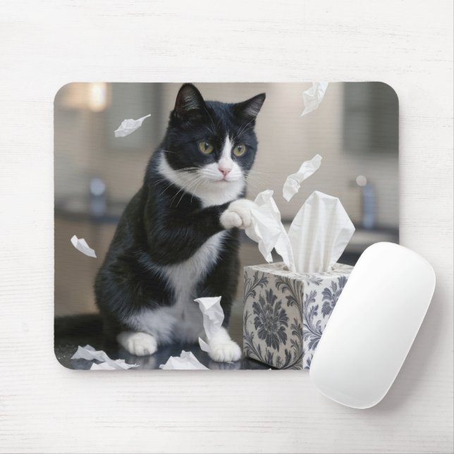 Tapis De Souris Tuxedo Cat Playing with a Tissue Box (Avec souris)