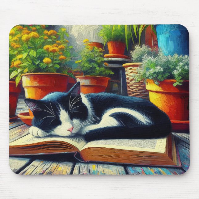 Tapis De Souris Tuxedo Chat dormir sur un livre Jardin Peinture (Devant)
