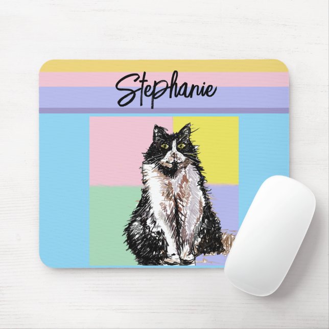 Tapis De Souris Tuxedo Chat Pastel Couleurs Rose Girls Nom (Avec souris)