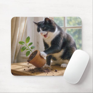 Tapis De Souris Tuxedo Chat renverser un Plante de maison en point