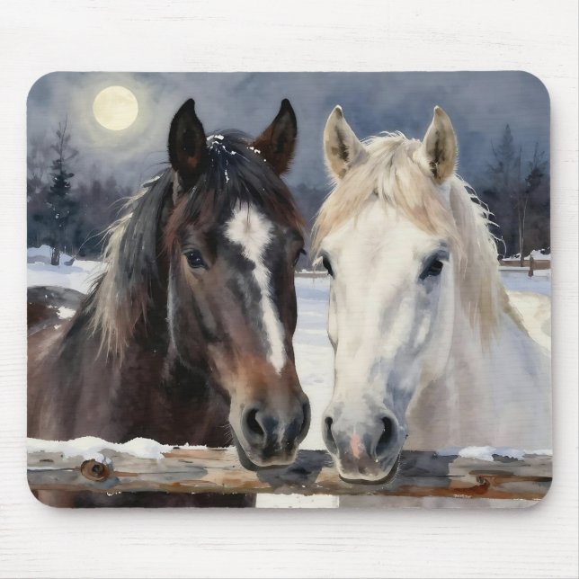 Tapis De Souris Two Horses on a Snowy Farm Under the Moon (Devant)