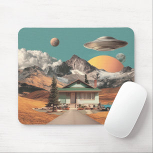 Tapis De Souris UFO Surréaliste Au-Dessus D'une Maison Rustique