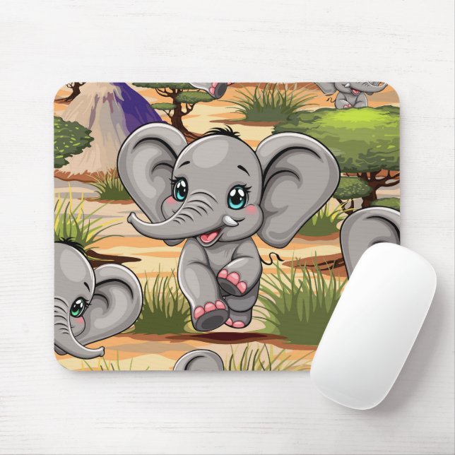 Tapis De Souris Un bébé éléphant qui sonne heureux dans la savane  (Avec souris)