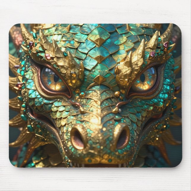 Tapis De Souris Un dragon mystique turquoise et or (Devant)