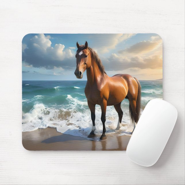 Tapis De Souris Un Étonnant Cheval Brown Sur La Plage, (Avec souris)