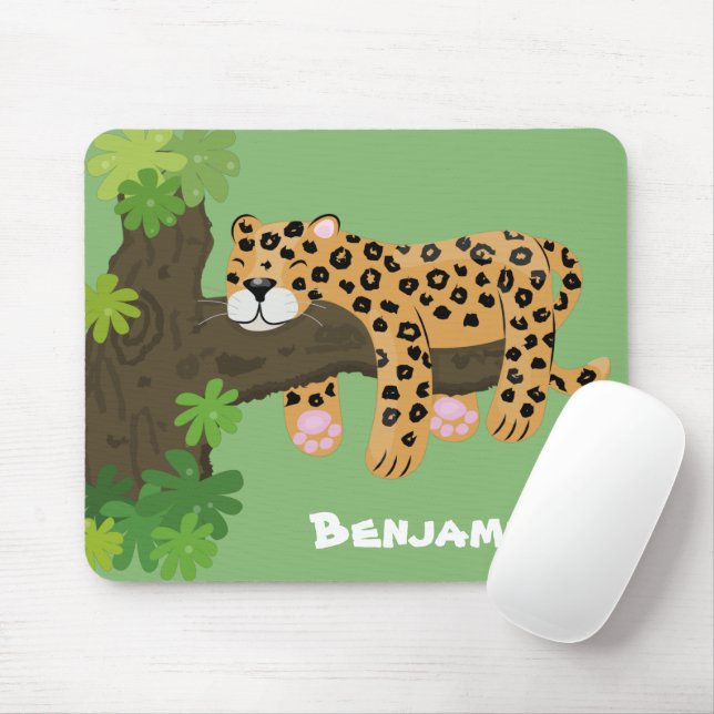 Tapis De Souris Un mignon léopard dormant dans un arbre dessin ani (Avec souris)