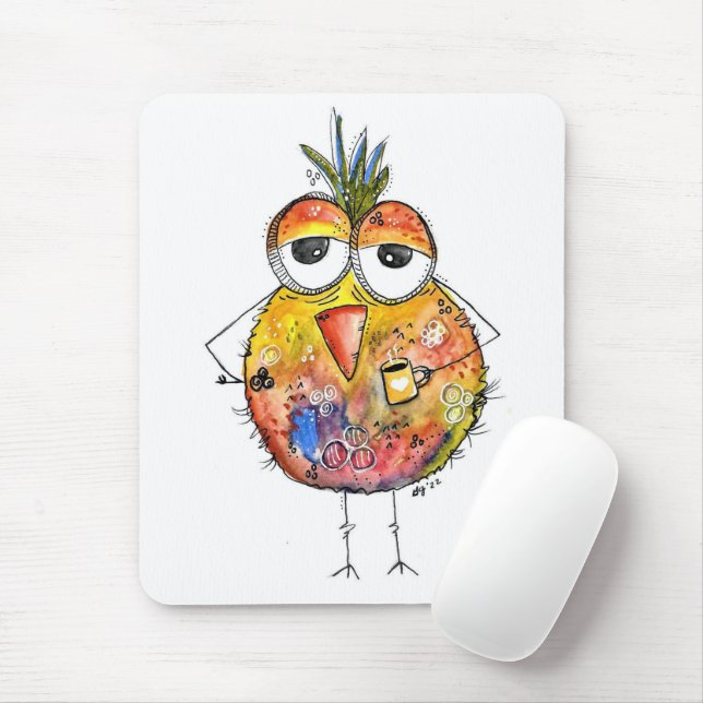 Tapis De Souris Un Oiseau Whimsical Boire Du Café (Avec souris)