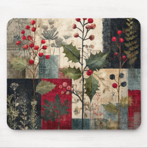Tapis De Souris Un Patchwork Rustique d'Hiver aux Baies de Houx