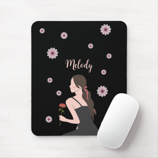 Tapis De Souris Une fille Rose à la fleur rose (Avec souris)