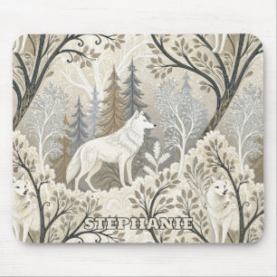 Tapis De Souris Une forêt d'hiver paisible avec des loups blancs