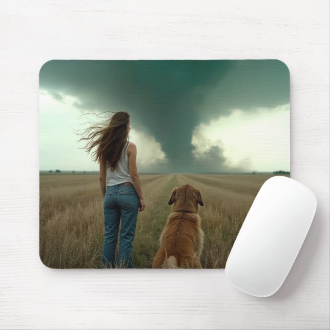 Tapis De Souris Une jeune femme et un chien regardent une tornade (Avec souris)
