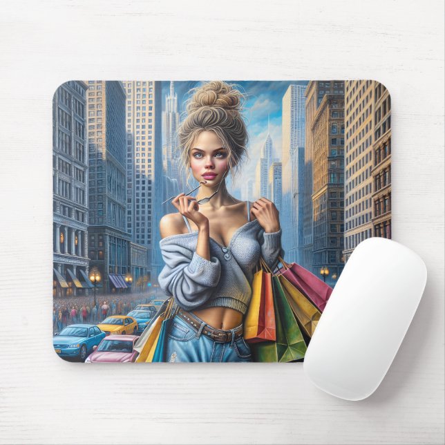 Tapis De Souris Une Jeune Femme Shopping Dans La Grande Ville (Avec souris)