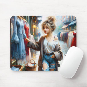 Tapis De Souris Une Jeune Femme Shopping Dans La Grande Ville