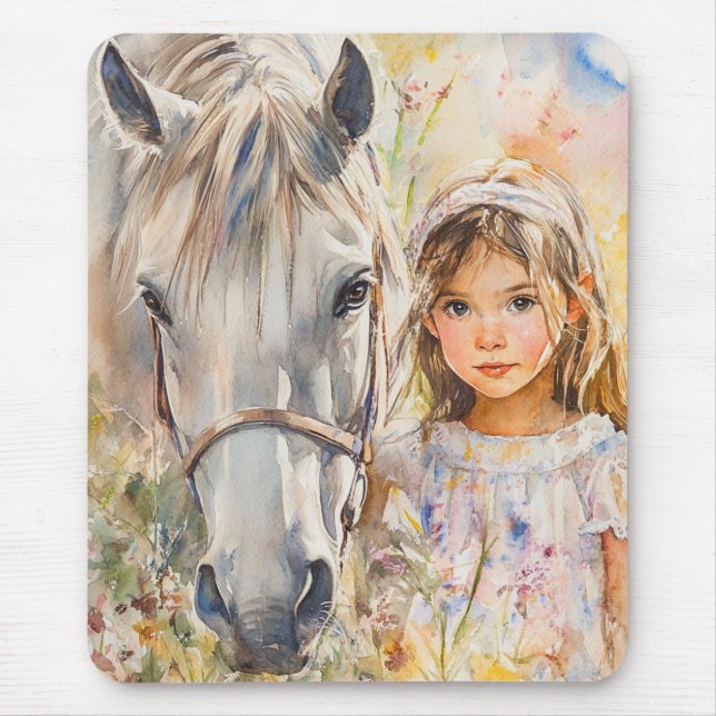 Tapis De Souris Une petite fille avec un cheval (Devant)