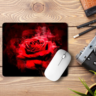 Tapis De Souris Une rose rouge aquarelle sur fond noir