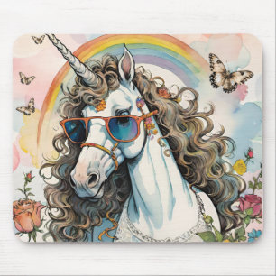 Tapis De Souris Unicorne cool en lunettes de soleil avec arc-en-ci